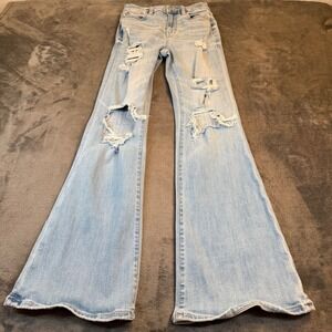 American Eagle Curvy Super High Rise Flare Jeans Womens Size 000 Blue Distressed